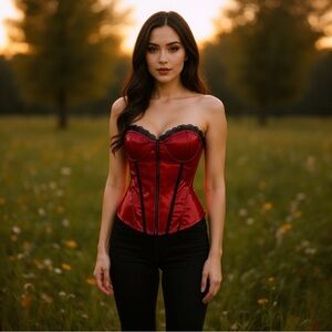 VTG Frederick’s of Hollywood Red Satin Lace Up Bustier Corset Goth Dark Romantic